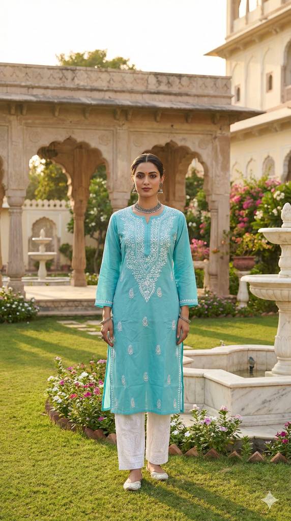 Handmade Cotton Chikankari Kurti | Floral Long Tunic, Pure Cotton Embroidery