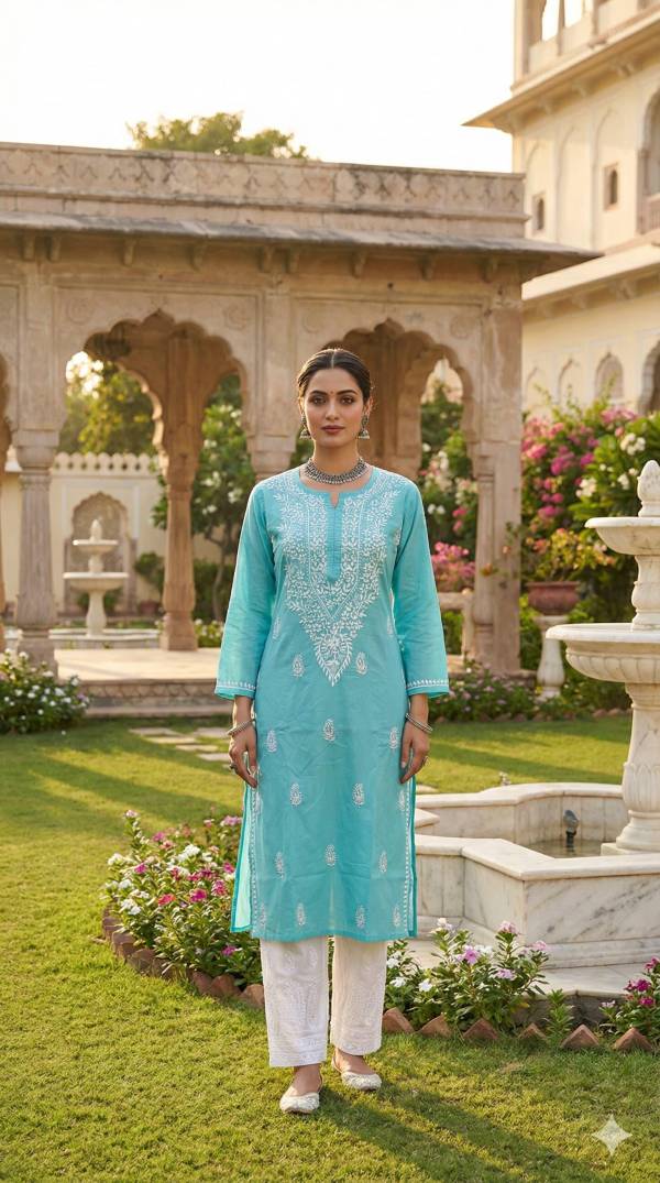 Handmade Cotton Chikankari Kurti | Floral Long Tunic, Pure Cotton Embroidery