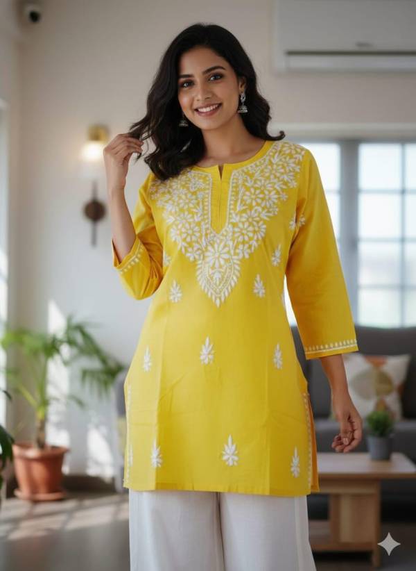 Yellow Cotton Chikankari Short Kurti – Jaipuri Fusion Boho Tunic