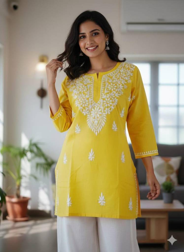 Yellow Cotton Chikankari Short Kurti – Jaipuri Fusion Boho Tunic