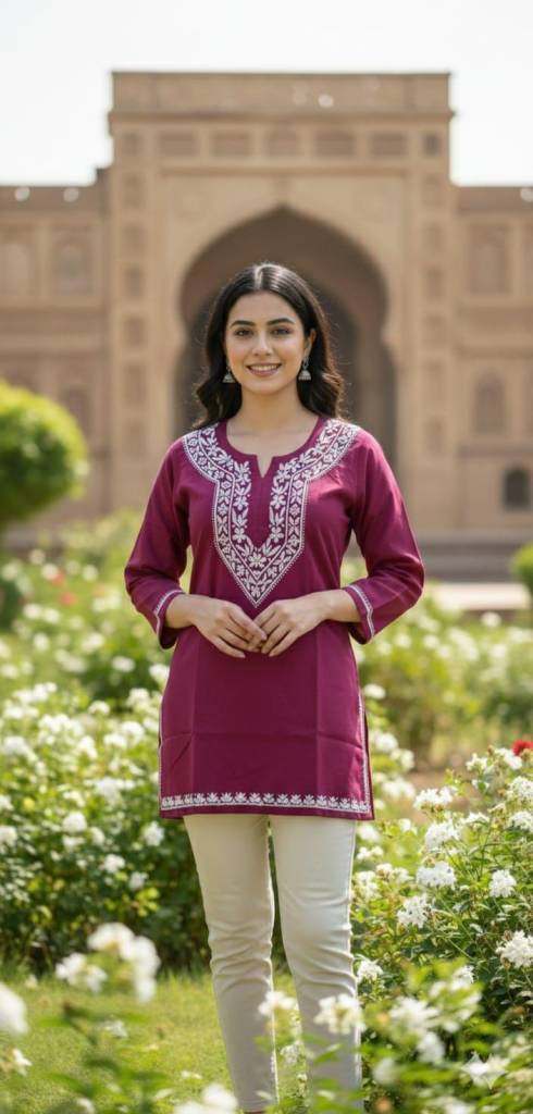 Handmade Cotton Kurti | Chikankari Floral Embroidery Tunic