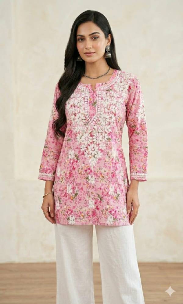 Pink Mal Cotton Kurti | Chikankari Floral Embroidery Tunic