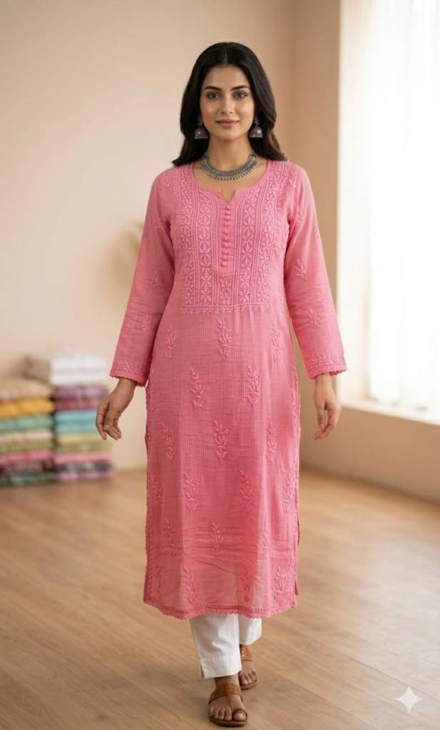 Handmade Chikankari  Cotton Kota dyeable long Kurti | Lucknowi Jaipuri Fusion Summer Tunic Wear