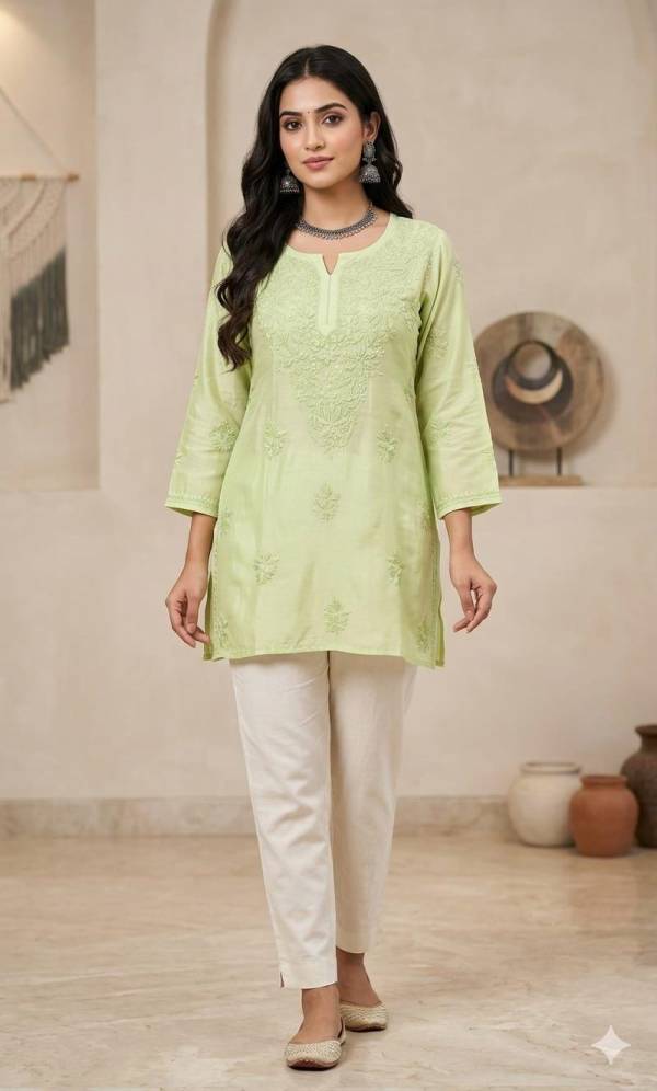 Handmade Premium Musline short Kurti | Lucknowi Chikankari Embroidery|Summer Tunic Wear|