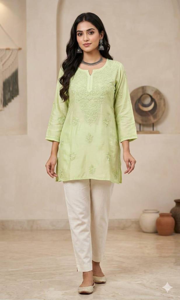 Handmade Premium Musline short Kurti | Lucknowi Chikankari Embroidery|Summer Tunic Wear|