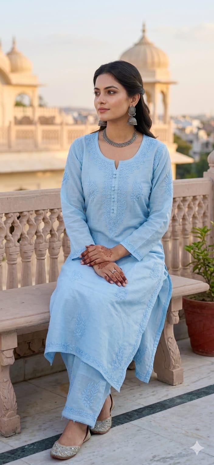 Embroidered Premium Mal Chanderi Set dyed | Lucknowi Chikankari Embroidery|Summer Wear| - Image 3
