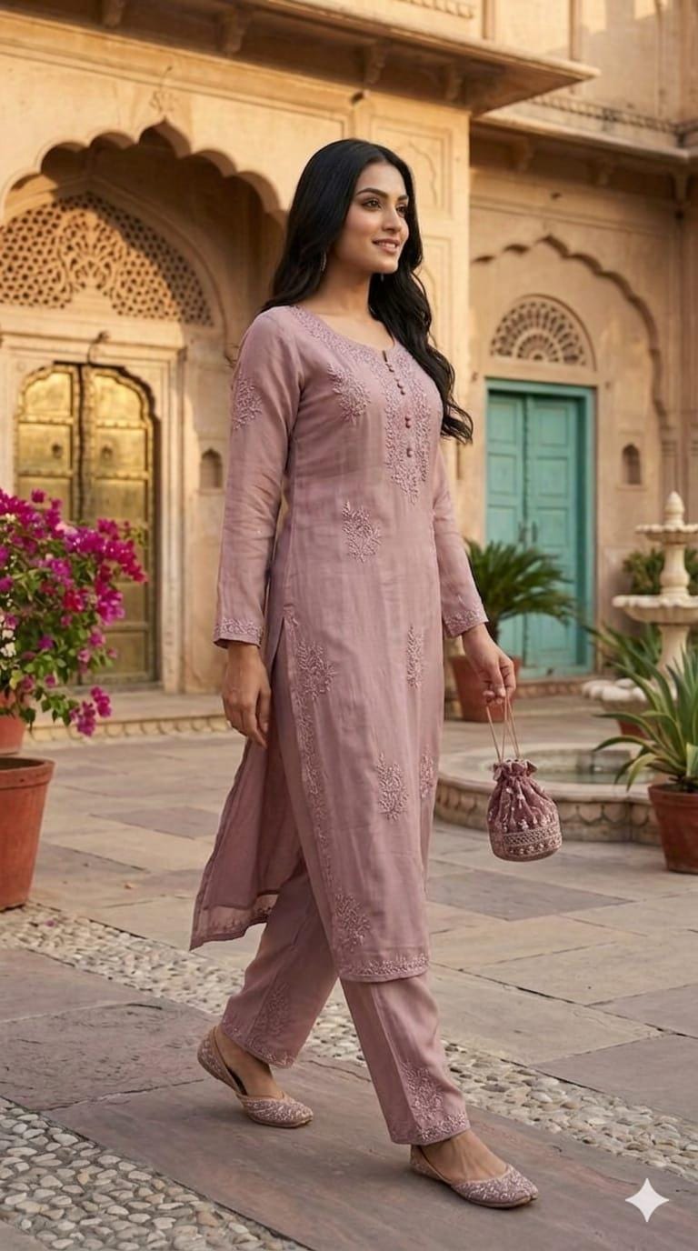 Embroidered Premium Mal Chanderi Set dyed | Lucknowi Chikankari Embroidery|Summer Wear| - Image 2