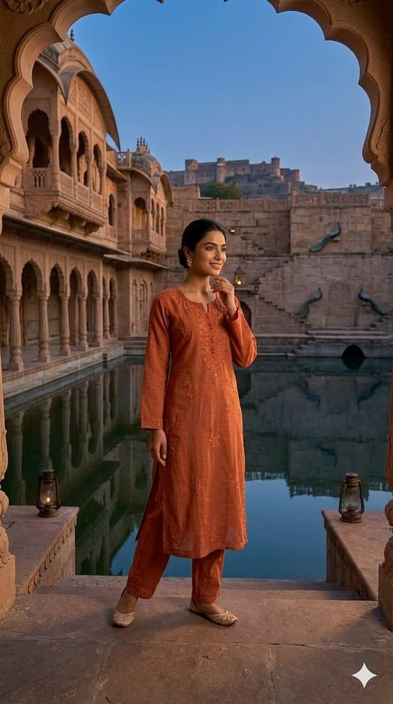 Embroidered Premium Mal Chanderi Set dyed | Lucknowi Chikankari Embroidery|Summer Wear| - Image 5