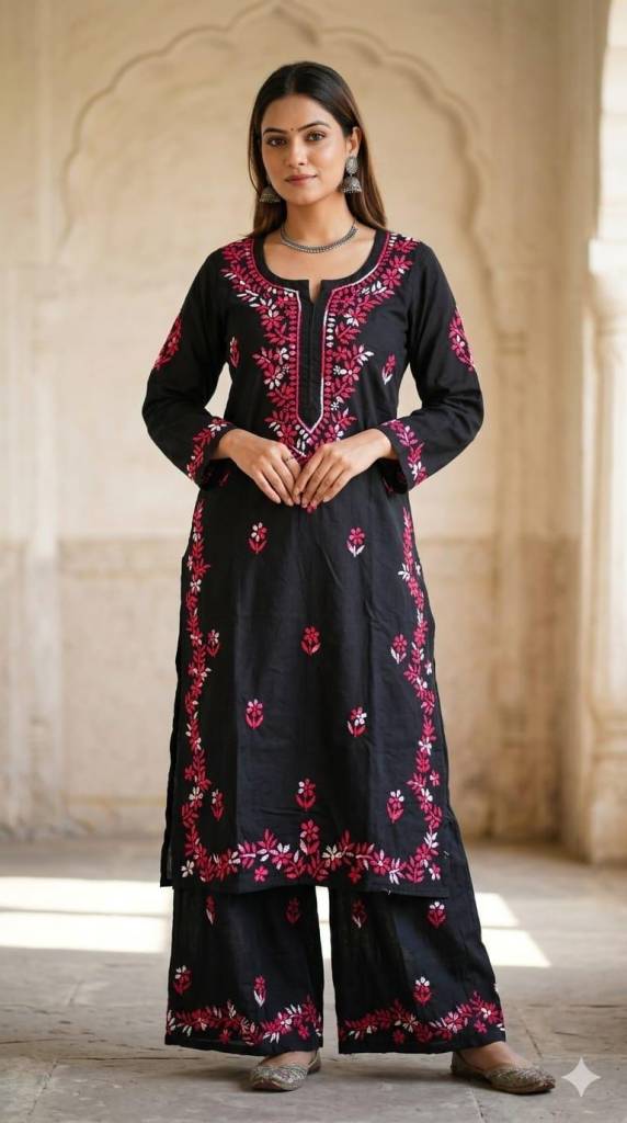 Handmade Cotton Chikankari Gulzaari Set | Floral Tunic, Pure Cotton Embroidery