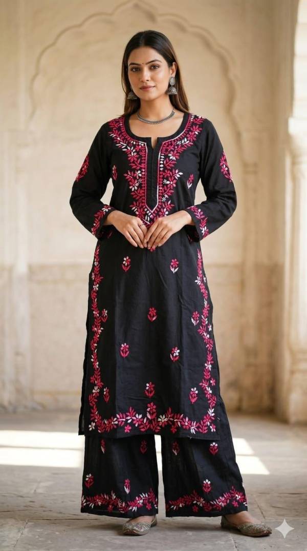 Handmade Cotton Chikankari Gulzaari Set | Floral Tunic, Pure Cotton Embroidery