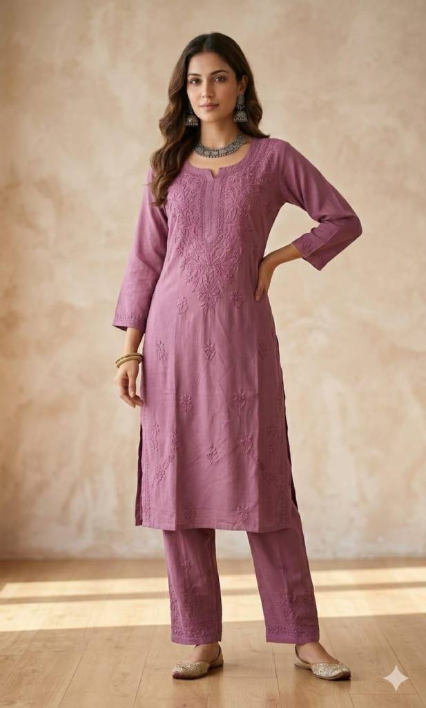 Embroidered Cotton Chikankari Kurti Set | Lucknowi Jaipuri Fusion Summer Wear