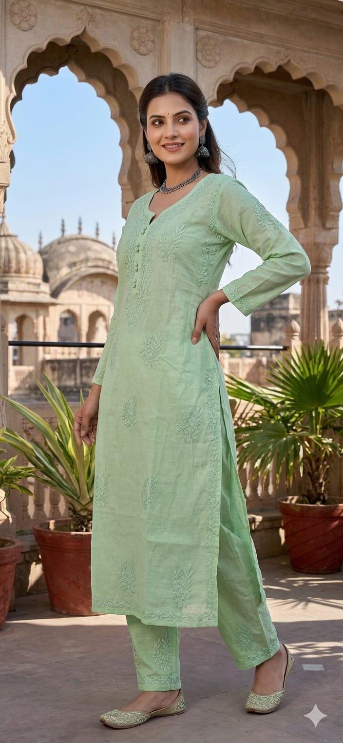 Embroidered Premium Mal Chanderi Set dyed | Lucknowi Chikankari Embroidery|Summer Wear| - Image 4