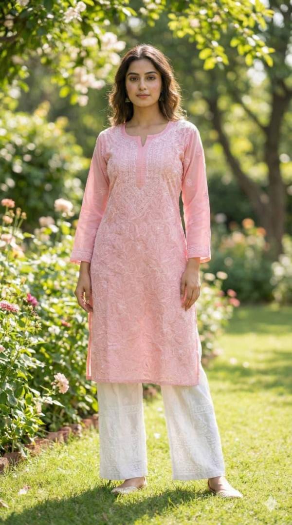 Handmade Premium Voil Cotton jall long Kurti | Lucknowi Chikankari Embroidery| Summer Tunic Wear|