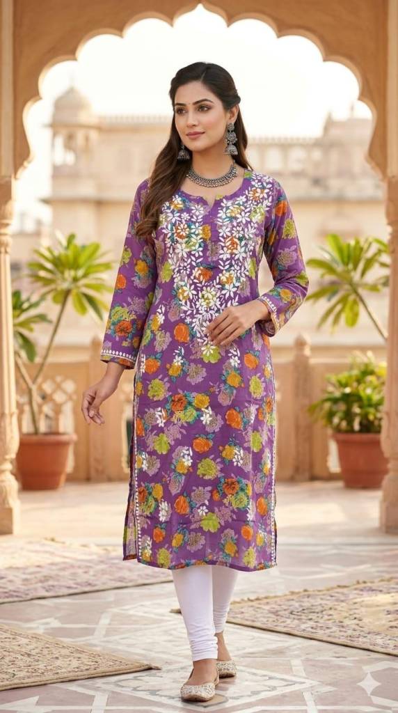 Embroidered Premium Mal Printed long Kurti  | Lucknowi Chikankari Embroidery Fusion Summer Wear