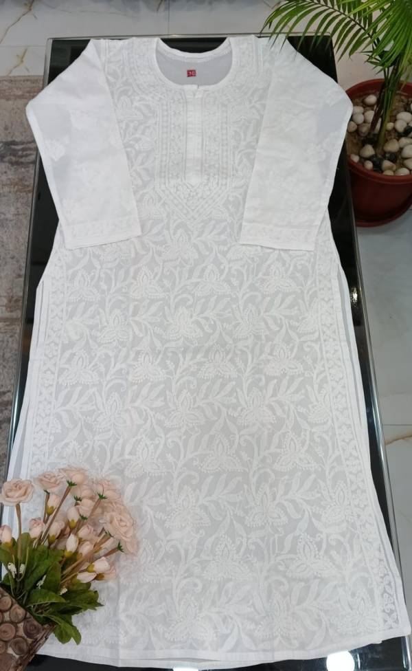 Embroidered Premium mul cotton long Kurti dyeable | Lucknowi Chikankari Embroidery Fusion Summer Wear