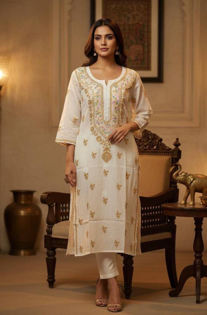Embroidered Premium resham neck line multi Chanderi Kurti with gala buti| Lucknowi Chikankari Embroidery|Summer Wear
