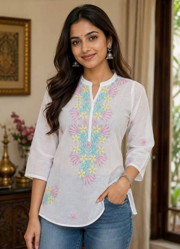 Handmade | Embroidered | Premium quality pure Mul Muslin short Kurti  | Lucknowi Chikankari Embroidery |Fusion Summer Wear