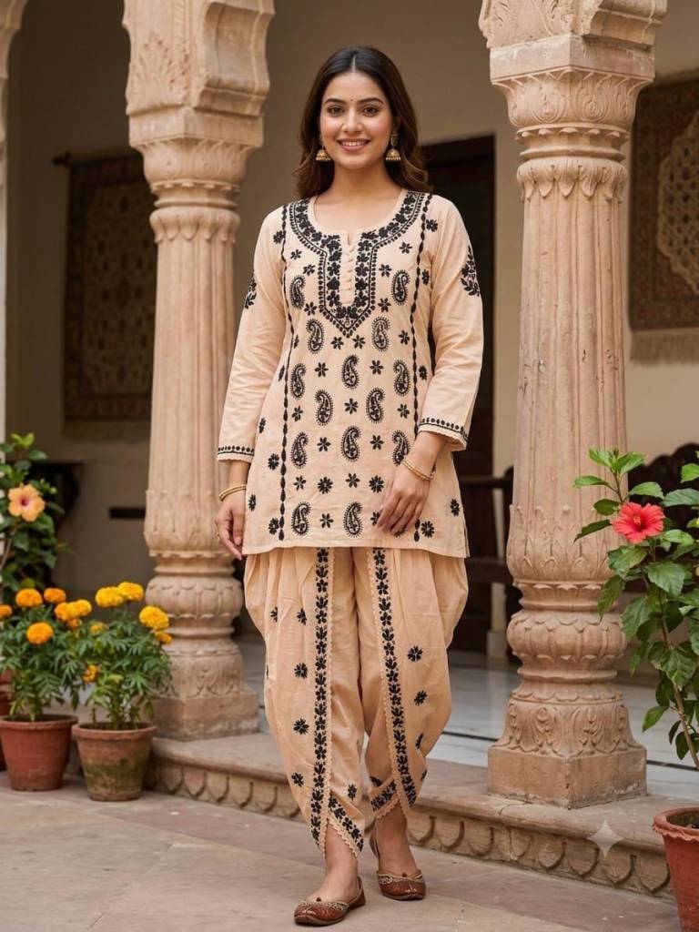 Embroidered Pure mul cotton short kurti with tulip pant with fine Chikankari handwork | Lucknowi Chikankari Embroidery | Summer Wear