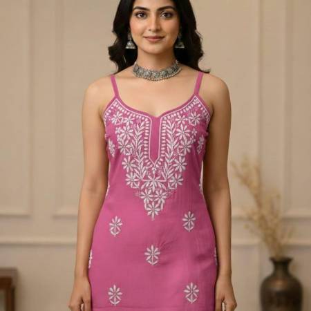 Handmade Rayon Spaghetti short Kurti | Chikankari Embroidered Tunic | Boho Style Short Spaghetti Top