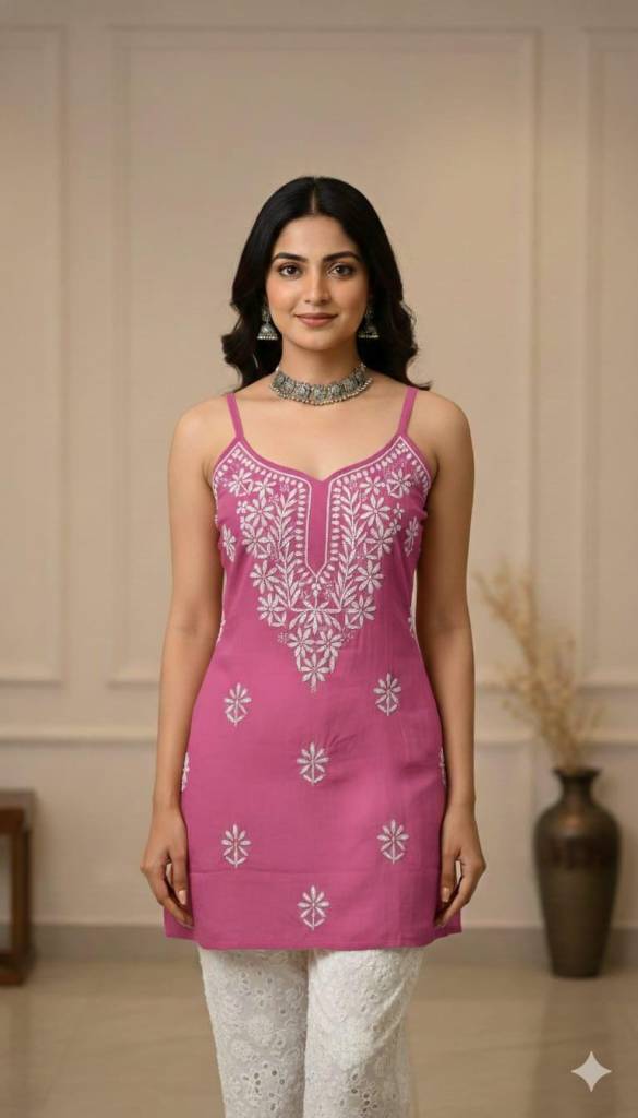 Handmade Rayon Spaghetti short Kurti | Chikankari Embroidered Tunic | Boho Style Short Spaghetti Top