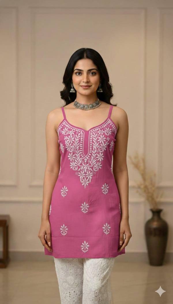 Handmade Rayon Spaghetti short Kurti | Chikankari Embroidered Tunic | Boho Style Short Spaghetti Top