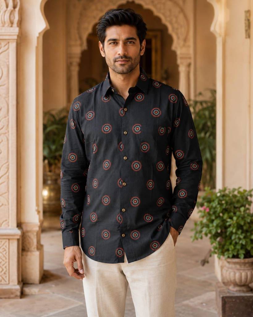 Men's Jaipur Print Cotton Shirt | Black Ikat Ethnic Casual Wear