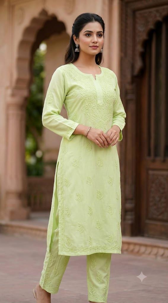 Embroidered kurti pant set in Doby slub with fine Chikankari 3D hand work prefect stitching |Lucknowi Chikankari Embroidery|Summer Wear