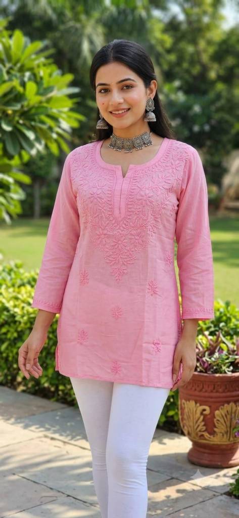 Embroidered Premium Musline short Kurti  | Lucknowi Chikankari Embroidery Fusion Summer Wear