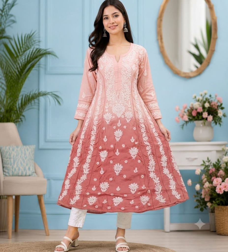 A Line Long Kurti Pure Muslin 3D hand work